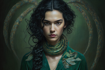 beautiful woman with long, curly black hair, wearing a green velvet dress, with a snake coiled around her neck, generative ai