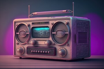 Fototapeta premium Old radio on background with purple and pink colors vaporwave style, Generative AI