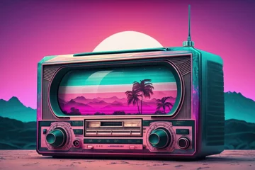 Gordijnen Old radio on background with purple and pink colors vaporwave style, Generative AI © Kaleb