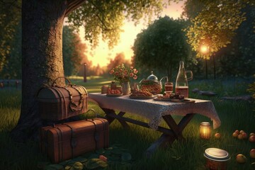 Naklejka premium Picnic in the park at sunset, Picnic table in park with trees, Generative AI