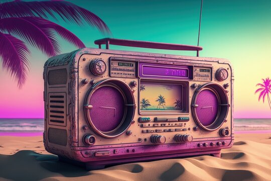 Old radio on background with purple and pink colors vaporwave style, Generative AI