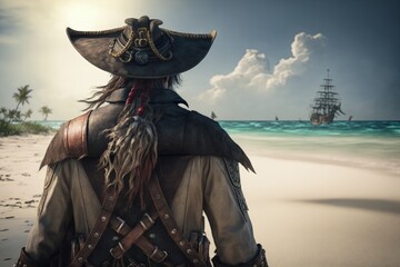 Obraz premium Pirate with his back on the beach sand. Pirate looking out to sea, Generative AI