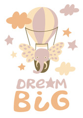 Poster with cute elephant flying in the sky in the hot air balloon