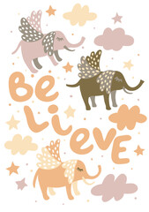 Poster with elephants flying in the sky