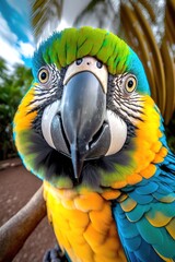 Highly defined macrophotography selfie of a cute superb colorful macaw on Tropicalpunk caribbean, jungle, Generative AI