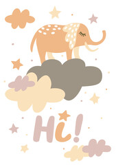 Poster with elephant standing on the cloud 