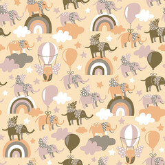 Seamless pattern with cute elephants flying in the sky