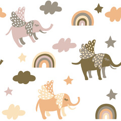 Seamless pattern with flying elephants