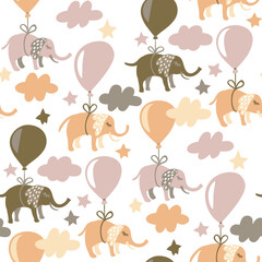 Seamless pattern with cute elephants flying in the sky by helium balloons
