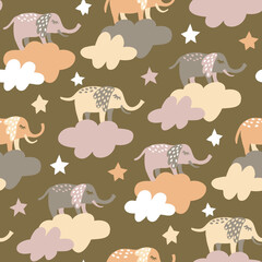 Seamless pattern with elephants standing on clouds in the sky