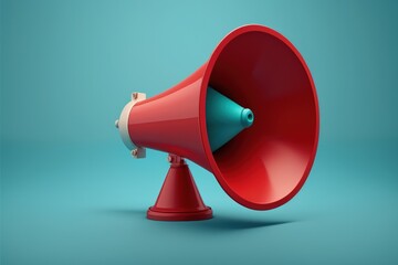 Red megaphone isolated on blue background, Generative AI