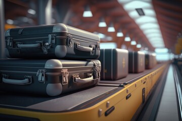 Travel bags on airport check-in conveyor belt, suitcase, Generative AI