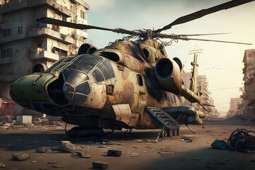 Crashed helicopter in city war zone, Generative AI