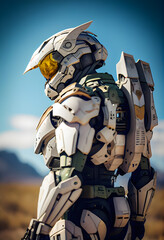 Full body halo spartan wearing white spacex mech suit generative ai