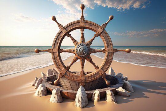 Ship steering wheel on the beach sand, ship's helm, Generative AI