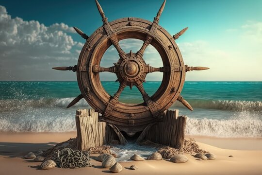 Ship steering wheel on the beach sand, ship's helm, Generative AI