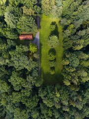 Aerial top view of street crossing in the forest