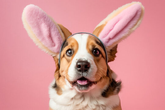 Funny corgi dog with easter bunny ears on pink background