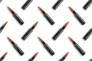 Bullets on white banner background. Cartridges for machine guns. Seamless texture