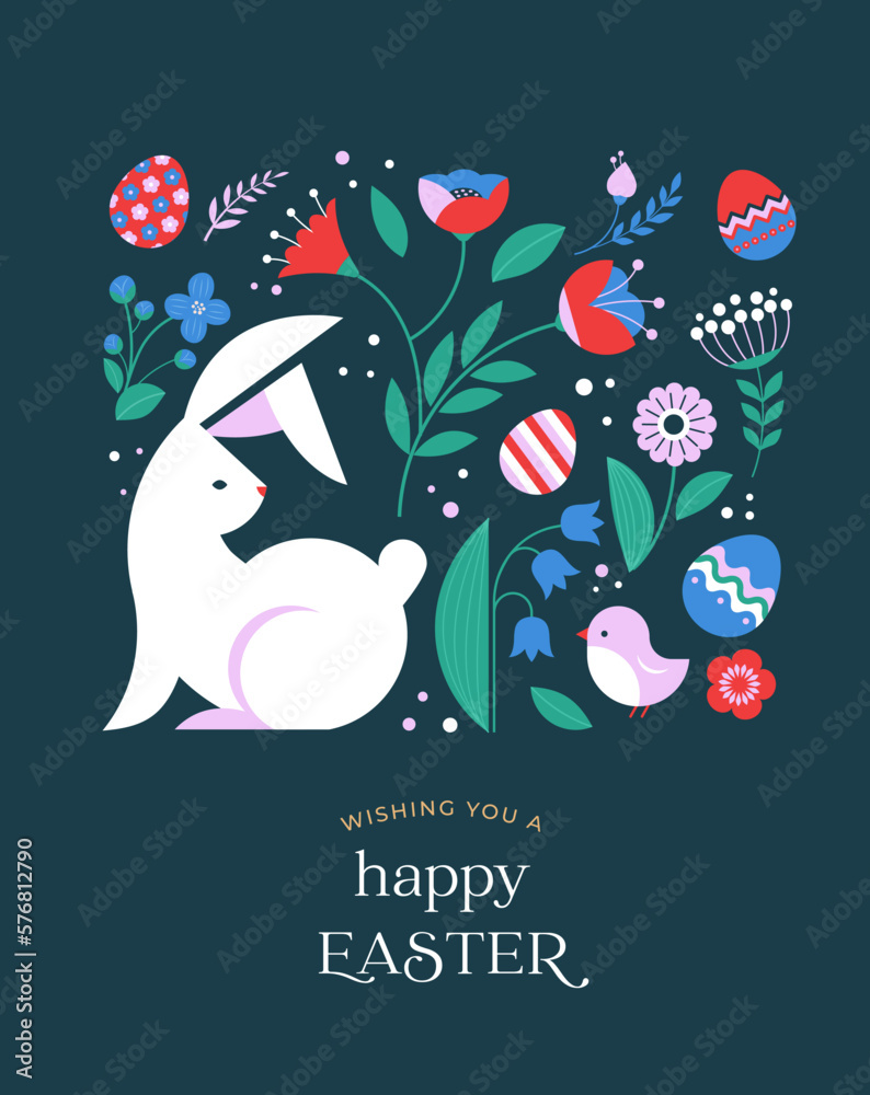 Wall mural happy easter, decorated geometric style easter card, banner. bunnies, easter eggs, flowers and baske