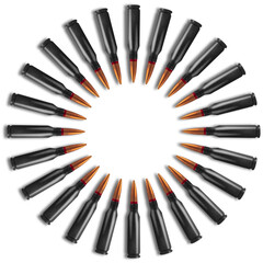 Bullets on white banner background. Cartridges for machine guns.