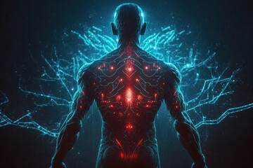 Fototapeta na wymiar human brain and body. glowing blue lines. neural connections. artificial intelligence, cyberspace. AI Generative