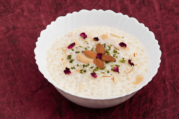 Indian Fasting Food Sabudana Kheer, Sagudana Khir Or Sago Seed Pudding Is Creamy Luscious Sweet Made Of Tapioca Pearls Soaked In Milk And Flavored With Dry Fruits. Enjoyed On Diwali Puja, Navaratra