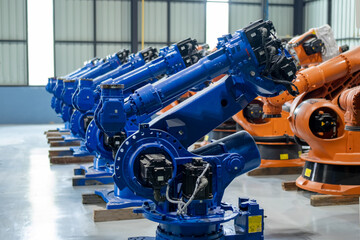 Robotic arm in futuristic assembly manufacturing factory, in factory shop floor.