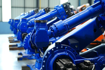 Fototapeta premium Robotic arm in futuristic assembly manufacturing factory, in factory shop floor.