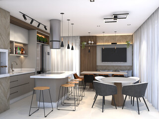Modern and contemporary gourmet space with neutral colors. Space to receive friends. modern kitchen