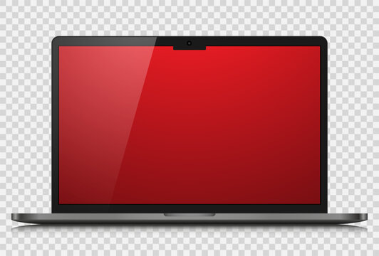 A Realistic Laptop With A Red Gradient Screen And Reflection On A Transparent Background. Vector Illustration.