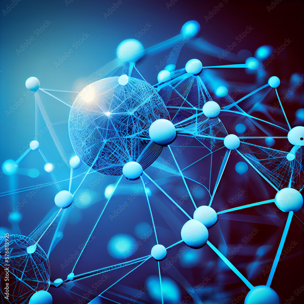 Poster blockchain network - abstract connected dots on bright blue background. internet connection, abstrac