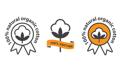 100% cotton, natural organic cotton, pure cotton vector, labels set.