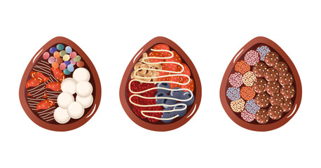 Spoon chocolate egg stuffed with fruit, cookie and sweet. Easter egg, tradition 