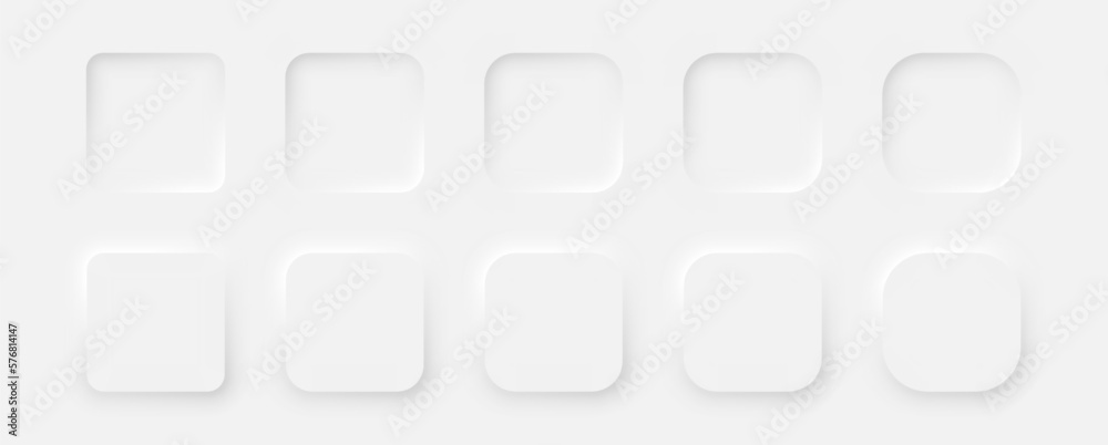 Poster square buttons in neumorphic style on a white background. a set of user interface design elements. v