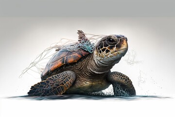 Fototapeta na wymiar Turtle stuck in wire or net, Turtle stuck in sea rubbish. Generative Ai