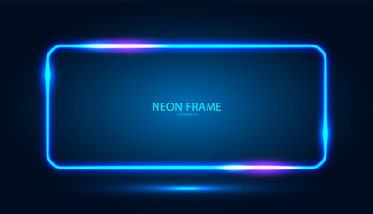 Neon rectangular frame with shining effects on a dark blue background. An empty glowing technophone. Vector illustration.
