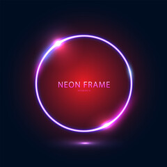 Neon round blue frame on a dark blue-red background. Abstract futuristic neon background. Vector EPS 10.