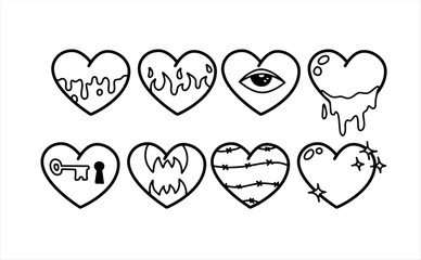 Set of hearts. Collection of retro vintage sticker. Hippie surreal icon of love