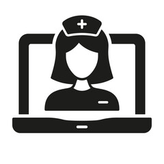 Video Medical Service Glyph Icon. Telemedicine Healthcare Symbol. Remote Virtual Doctor Woman in Laptop Silhouette Pictogram. Physician Online Consultation. Isolated Vector Illustration