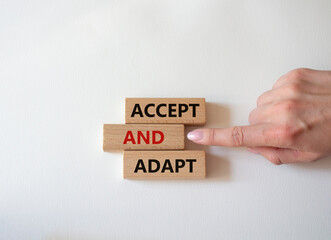 Accept or adapt symbol. Wooden blocks with words Accept and adapt. Beautiful white background....