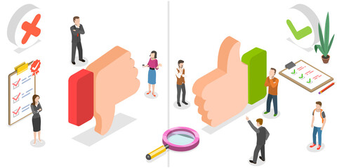 3D Isometric Flat  Conceptual Illustration of Pros and Cons.