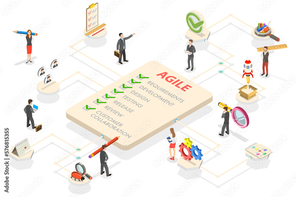 Wall mural 3d isometric flat vector conceptual illustration of agile software development methodology