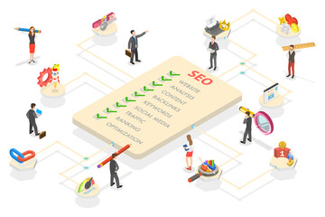 3D Isometric Flat  Conceptual Illustration of SEO, Search Engine Ranking