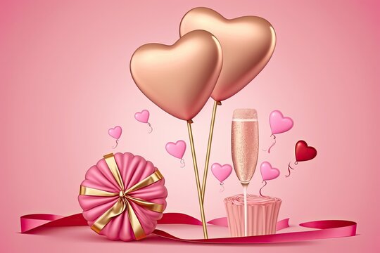 Pink background with pink champagne and a love gift and two pink lollipops on a stick. Greeting Card for St. Valentine's Day. The action is up close and personal. Blanket copy space. Generative AI