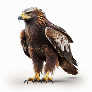Realistic eagle in full height with eyes on a white background, generative AI.