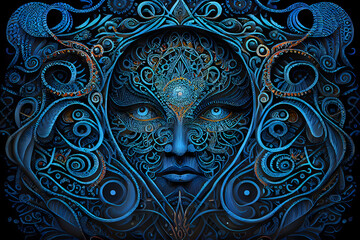 Psychedelic illustration of a blue navi face intertwined with mandala shamanic art generative ai