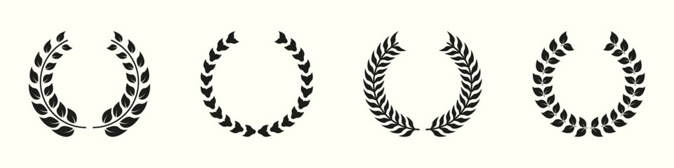 Laurel Wreath Silhouette Icon Set. Circle Leaf Award for Winner Glyph Pictogram. Victory and Prize Sign. Triumph Emblem. Vintage Olive Leaves Symbol. Champion's Trophy. Isolated Vector Illustration