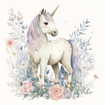 Watercolor forest cartoon isolated cute baby unicorn animal. Illustration AI Generative