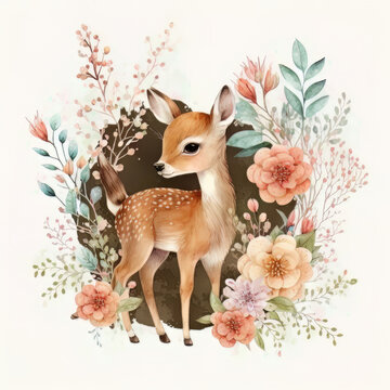 Watercolor forest cartoon isolated cute baby deer animal. Illustration AI Generative